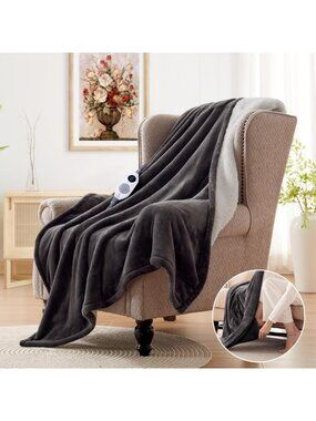 Cozy Electric Throw Blanket with Foot Pocket - Soft Charcoal Color, 50x62